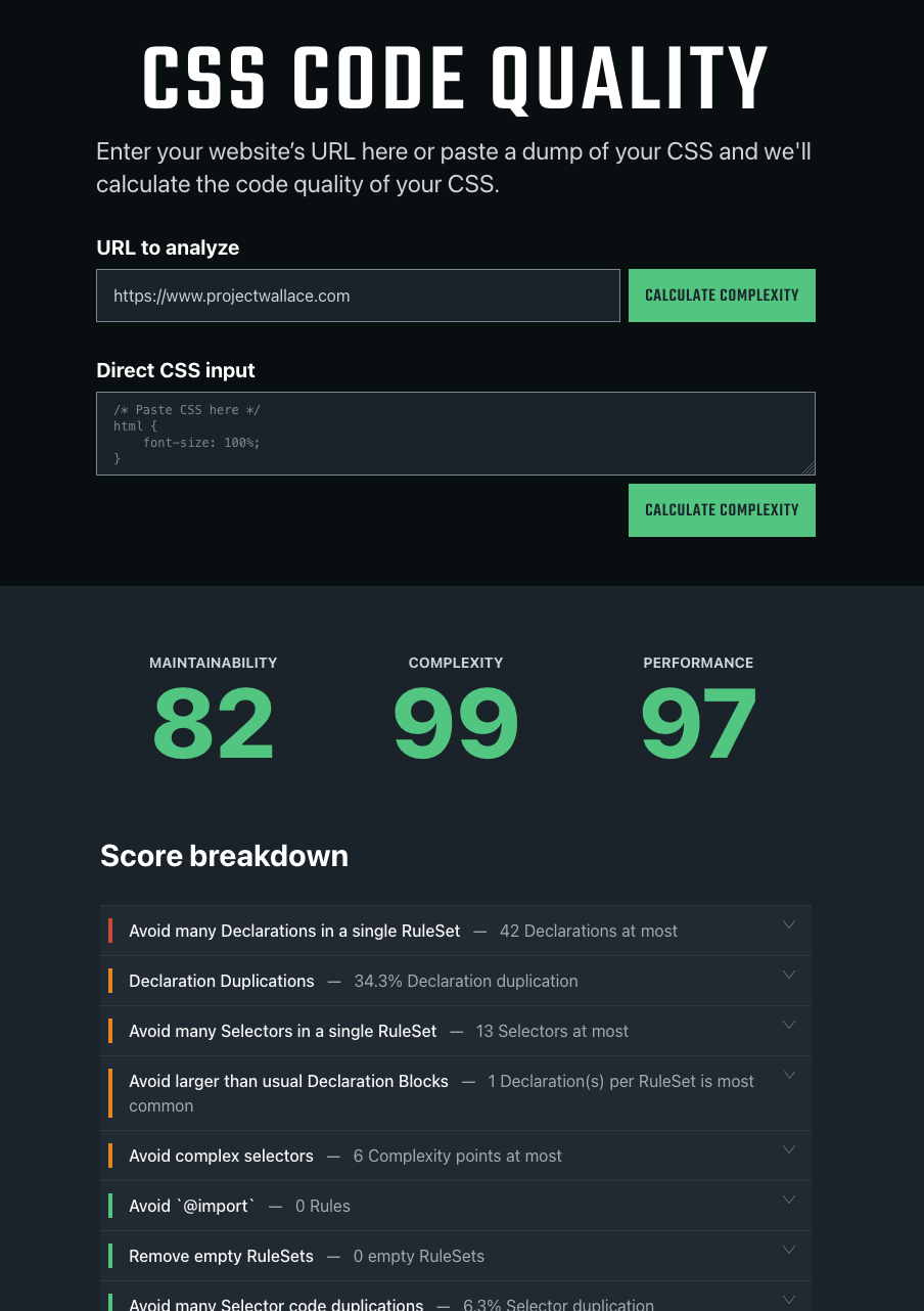 Example CSS Code Quality output from https://www.projectwallace.com/css-code-quality